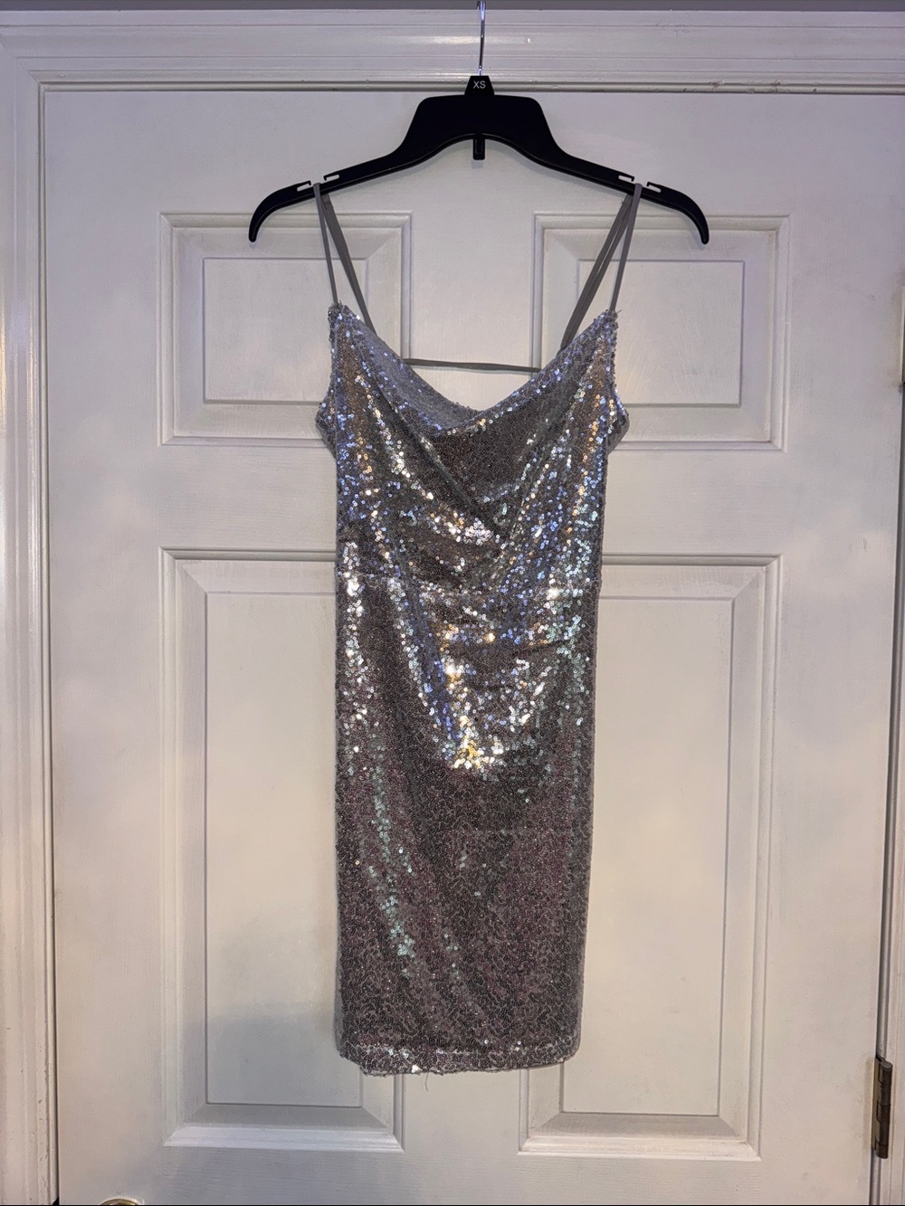 Silver Sequin Cowl Neck Mini Dress with Spaghetti Straps